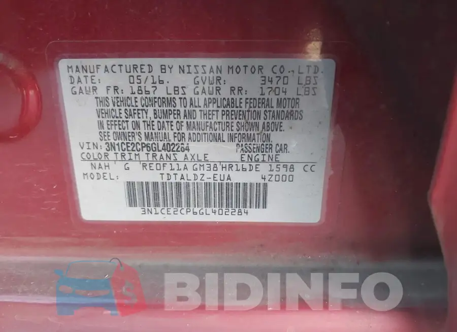 3N1CE2CP6GL402284 Photo# 9