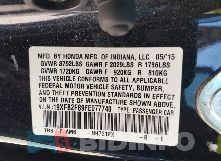 19XFB2F89FE077740 Photo# 9