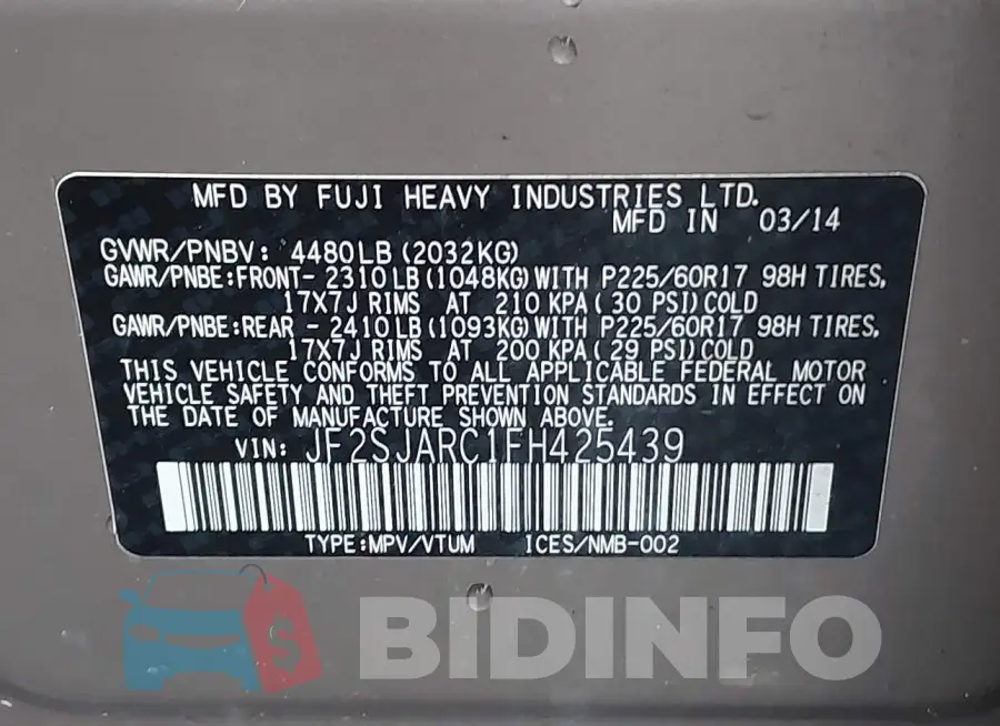 JF2SJARC1FH425439 Photo# 9