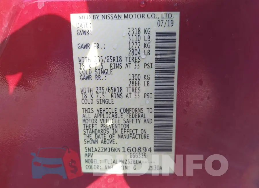 5N1AZ2MJ6KN160894 Photo# 9