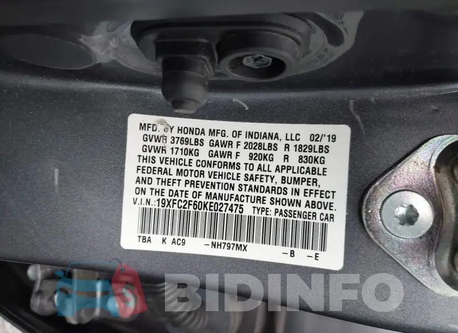19XFC2F60KE027475 Photo# 9