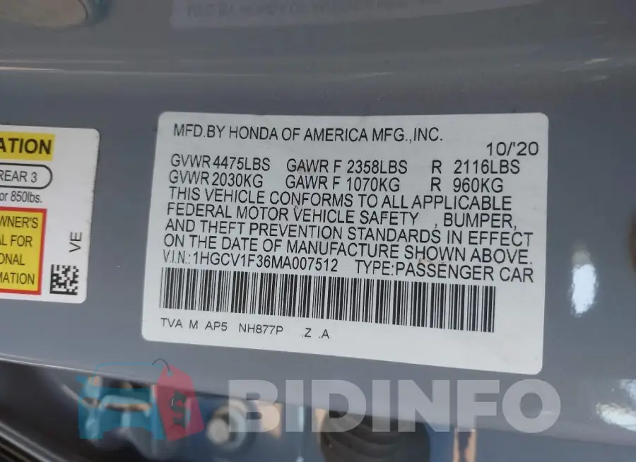 1HGCV1F36MA007512 Photo# 9