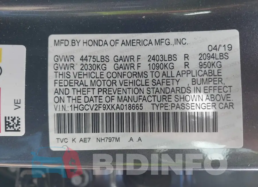 1HGCV2F9XKA018665 Photo# 9