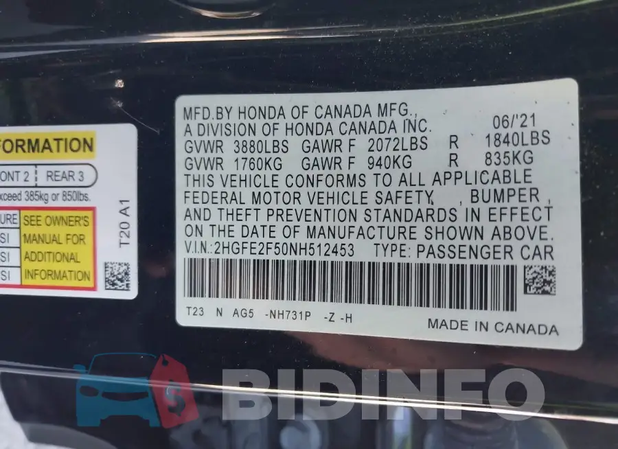 2HGFE2F50NH512453 Photo# 9