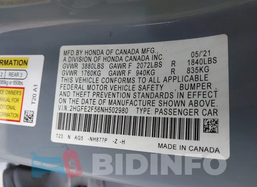 2HGFE2F56NH502980 Photo# 9