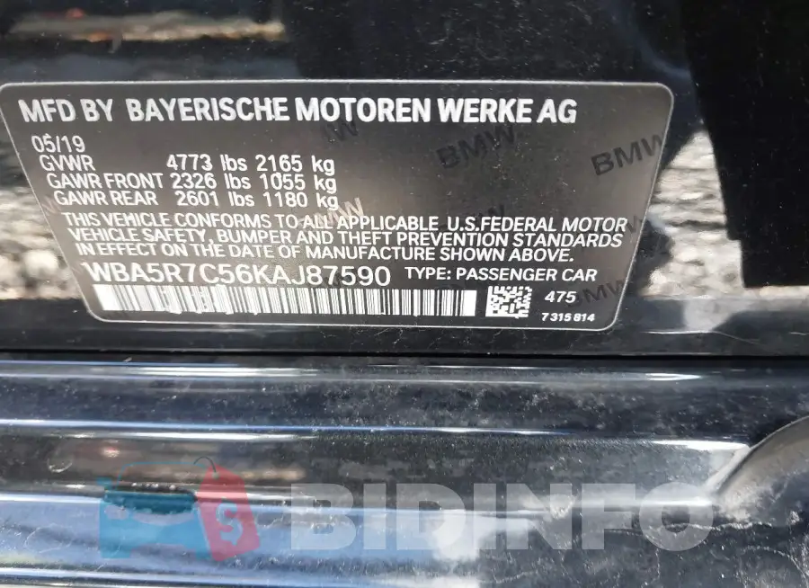 WBA5R7C56KAJ87590 Photo# 9
