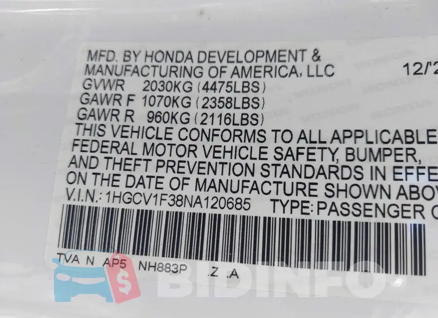 1HGCV1F38NA120685 Photo# 9