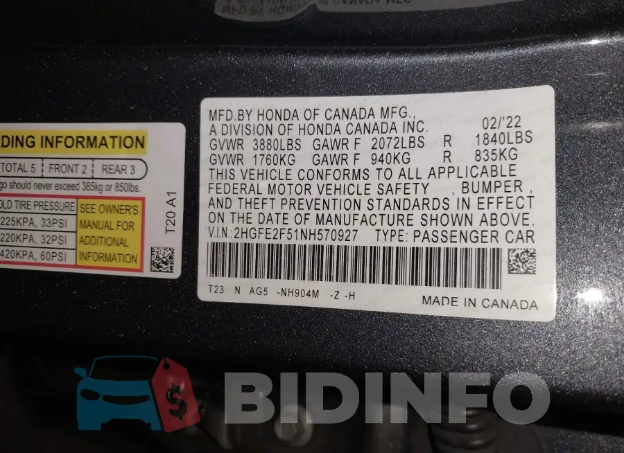 2HGFE2F51NH570927 Photo# 9