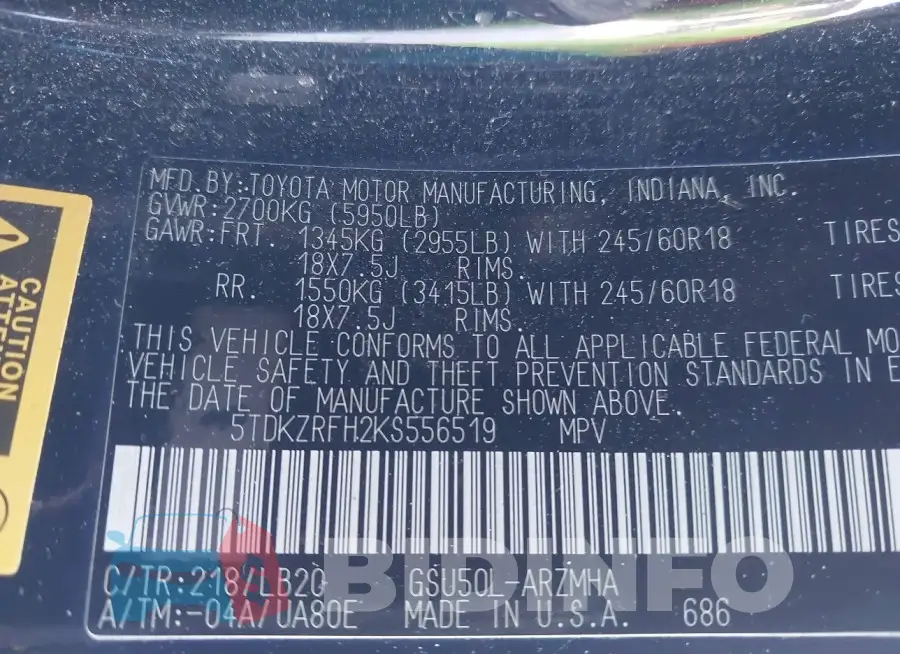 5TDKZRFH2KS556519 Photo# 9