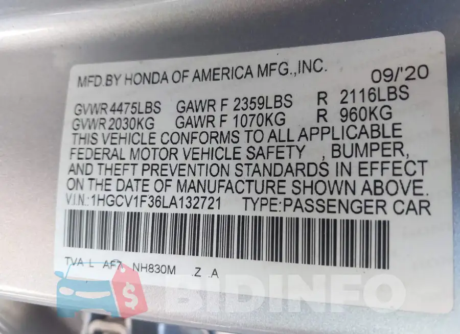 1HGCV1F36LA132721 Photo# 9