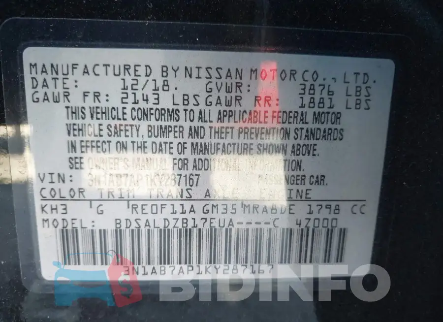 3N1AB7AP1KY287167 Photo# 9