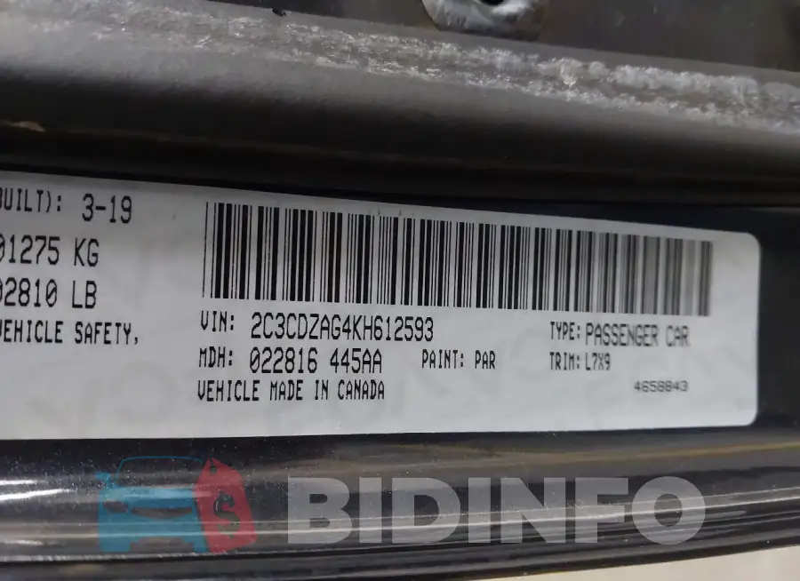 2C3CDZAG4KH612593 Photo# 9