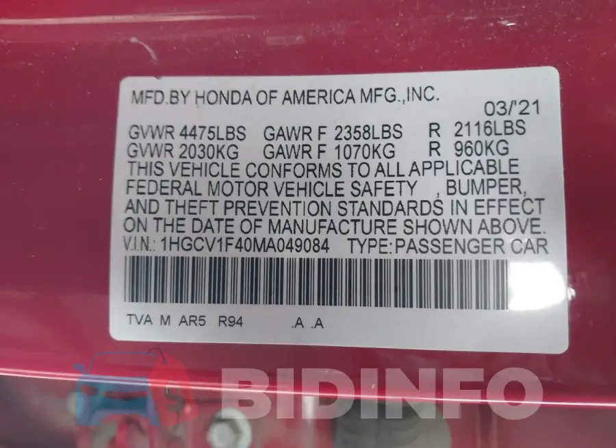 1HGCV1F40MA049084 Photo# 9