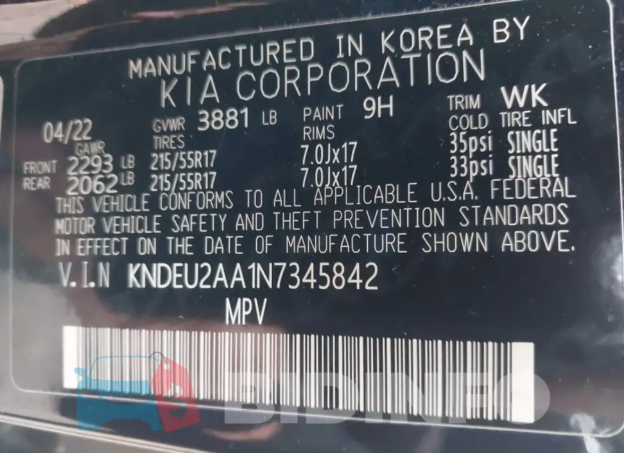 KNDEU2AA1N7345842 Photo# 9