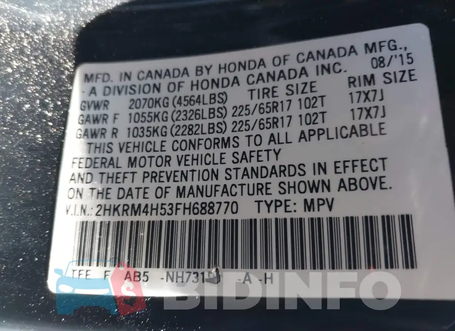 2HKRM4H53FH688770 Photo# 9
