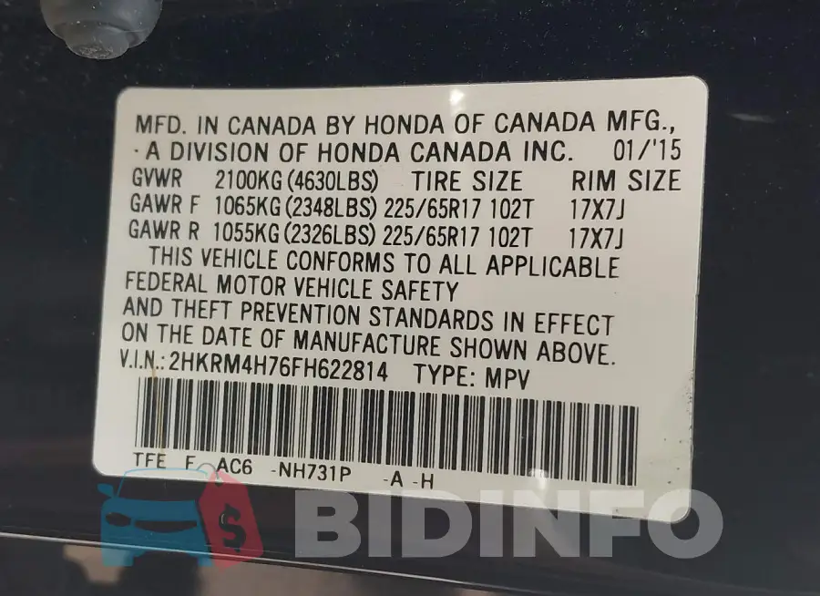 2HKRM4H76FH622814 Photo# 9