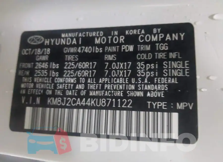 KM8J2CA44KU871122 Photo# 9