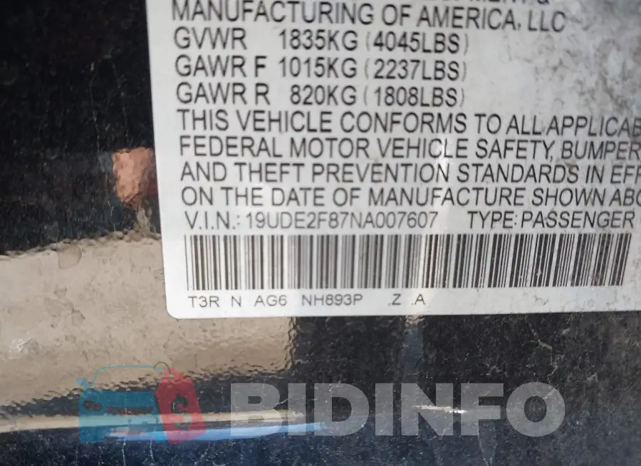 19UDE2F87NA007607 Photo# 9