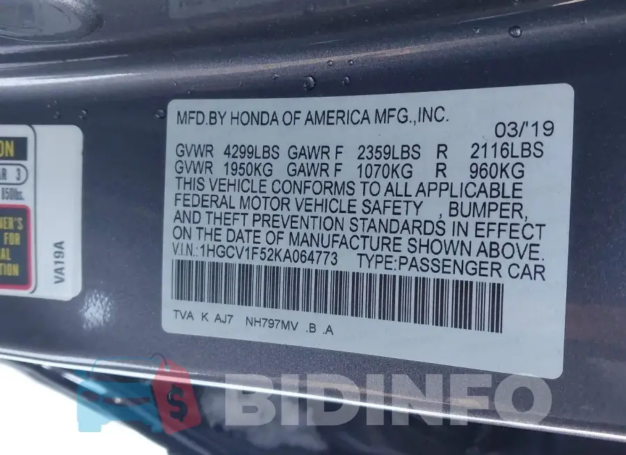 1HGCV1F52KA064773 Photo# 9