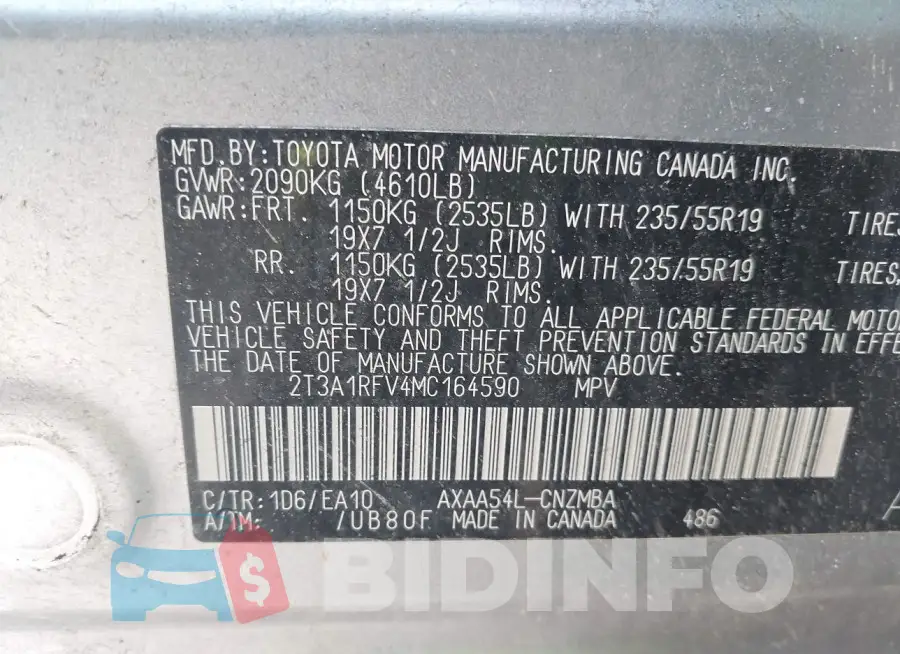 2T3A1RFV4MC164590 Photo# 9