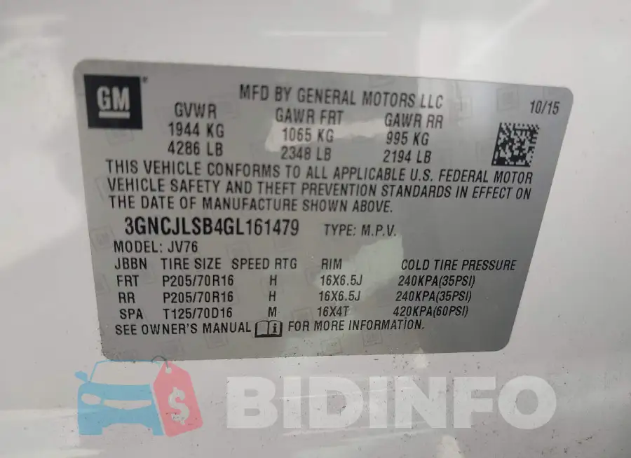 3GNCJLSB4GL161479 Photo# 9