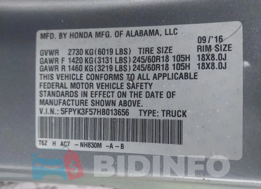5FPYK3F57HB013656 Photo# 9