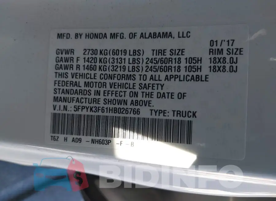 5FPYK3F61HB026766 Photo# 9