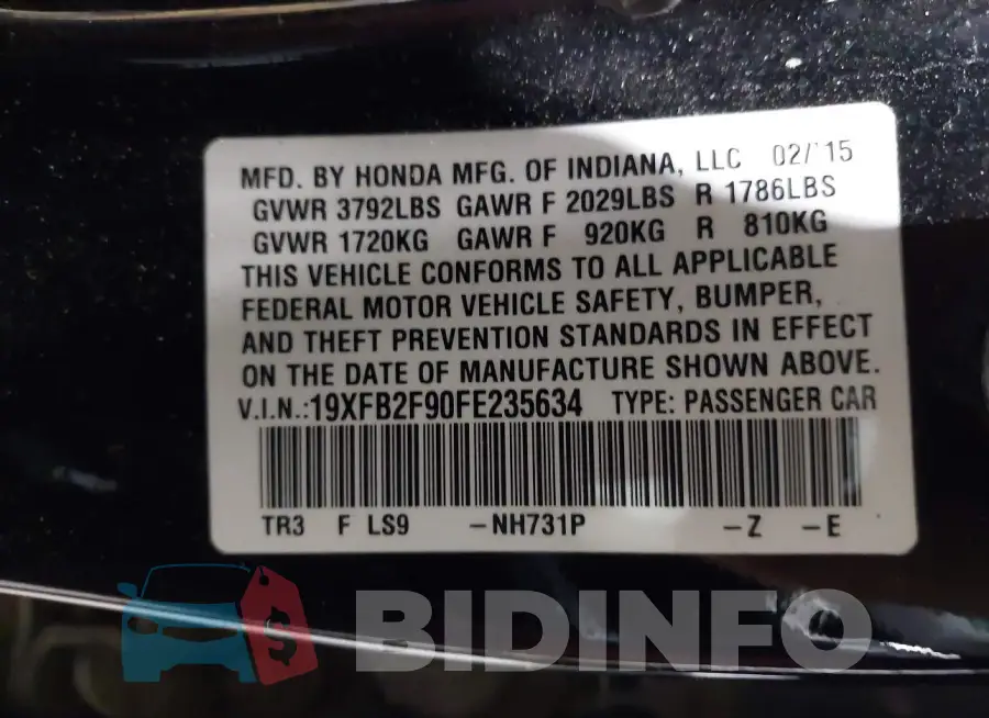 19XFB2F90FE235634 Photo# 9