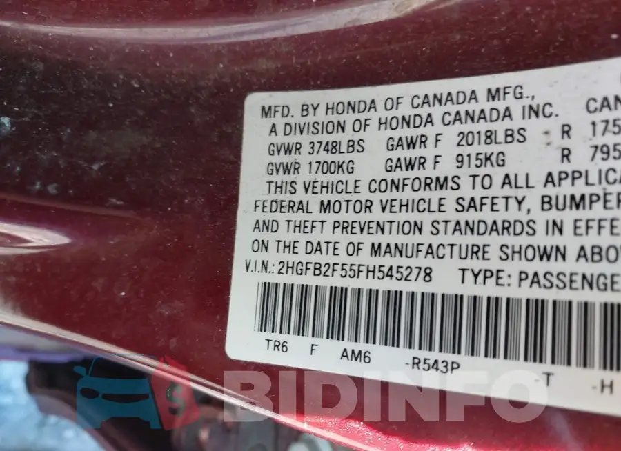 2HGFB2F55FH545278 Photo# 9