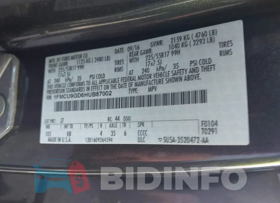1FMCU9GD6HUB87002 Photo# 9