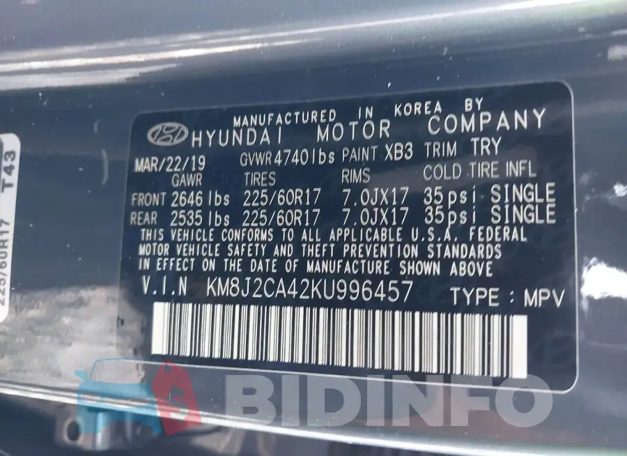 KM8J2CA42KU996457 Photo# 9