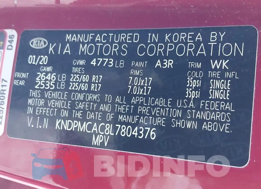 KNDPMCAC8L7804376 Photo# 9
