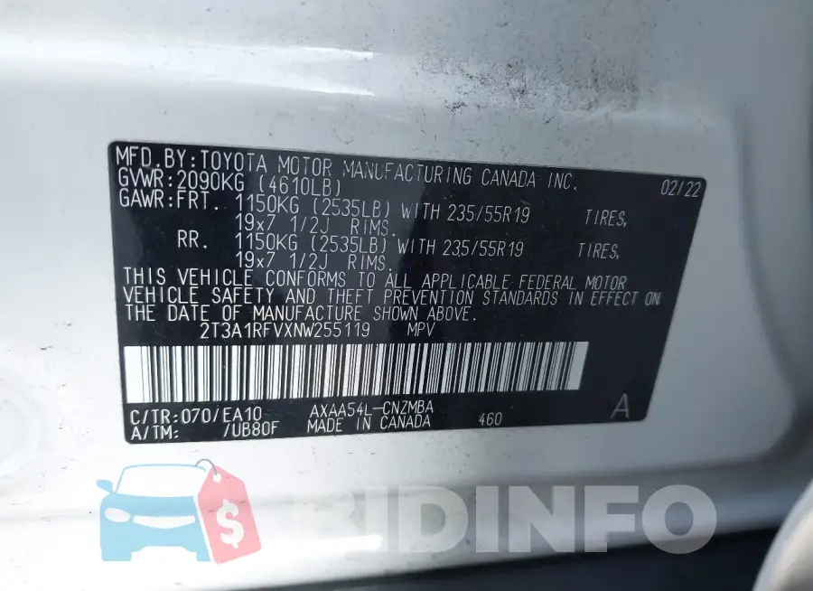 2T3A1RFVXNW255119 Photo# 9