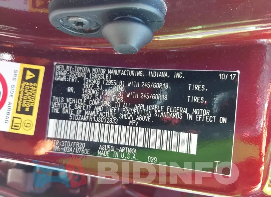 5TDZARFH1JS032833 Photo# 9
