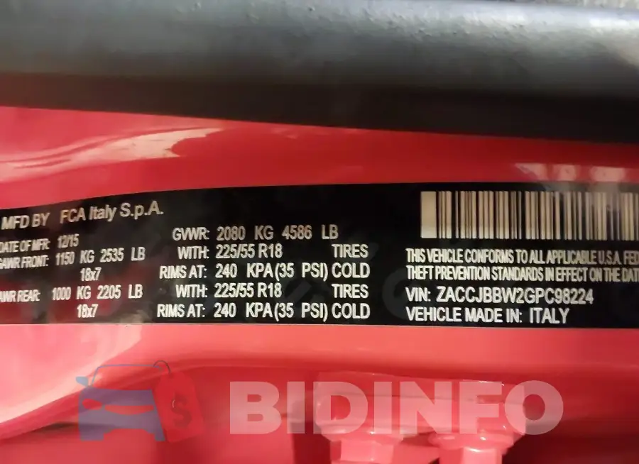 ZACCJBBW2GPC98224 Photo# 9