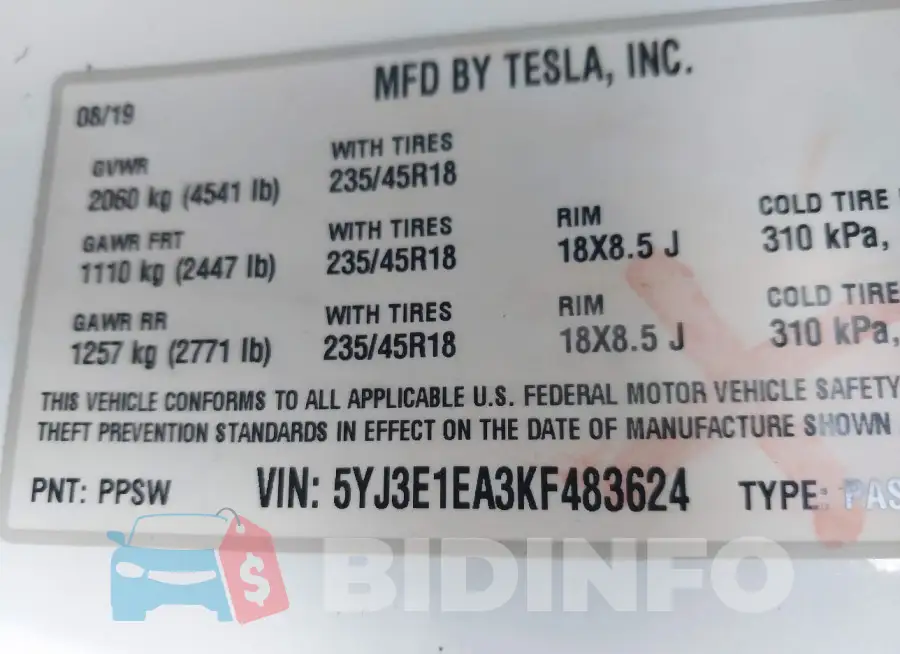 5YJ3E1EA3KF483624 Photo# 9