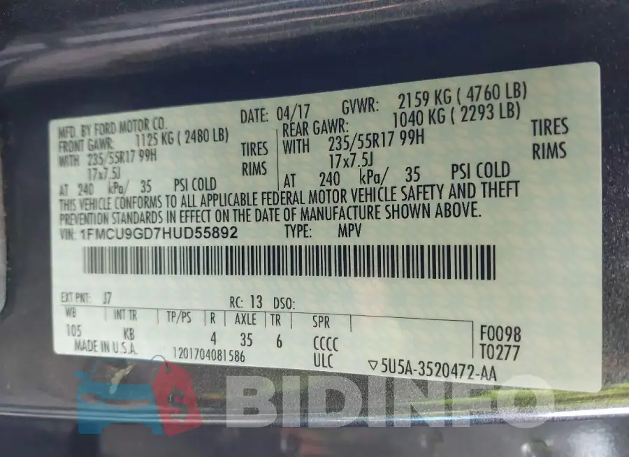 1FMCU9GD7HUD55892 Photo# 9