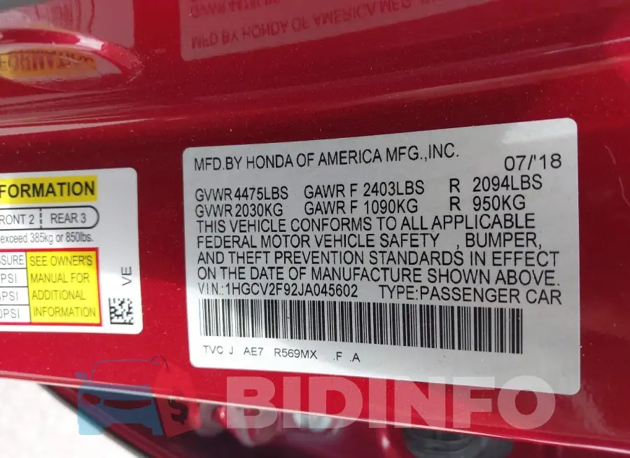 1HGCV2F92JA045602 Photo# 9