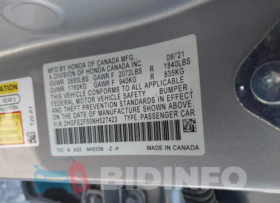 2HGFE2F50NH527423 Photo# 9