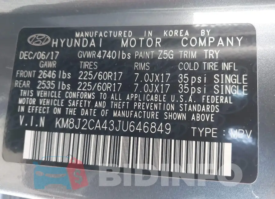 KM8J2CA43JU646849 Photo# 9