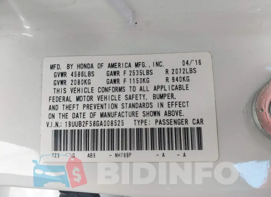 19UUB2F58GA008525 Photo# 9