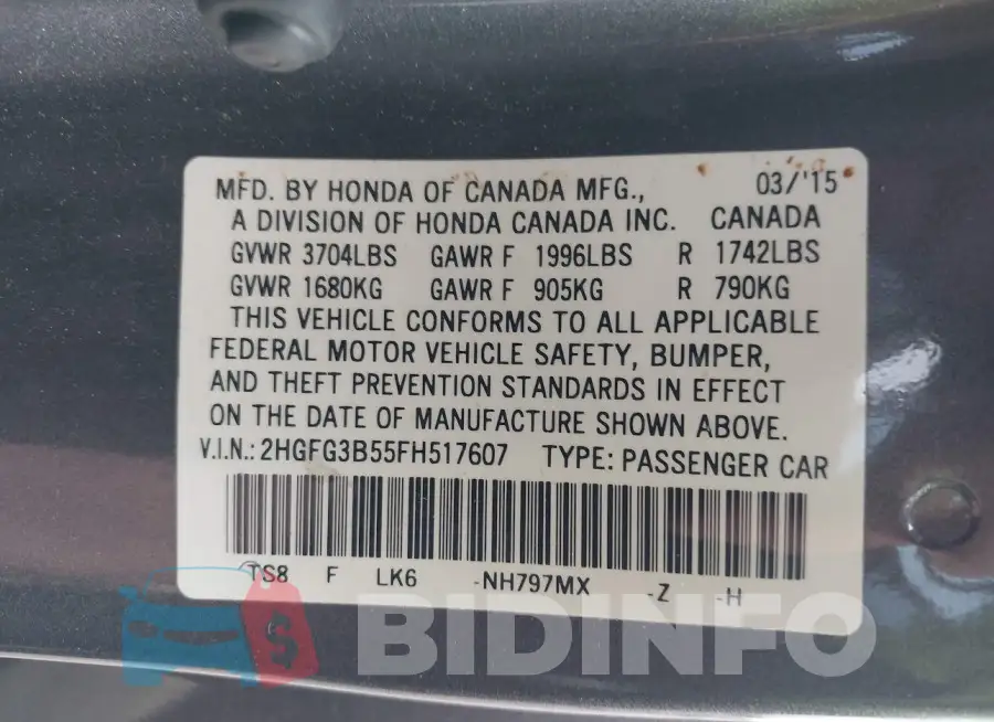 2HGFG3B55FH517607 Photo# 9