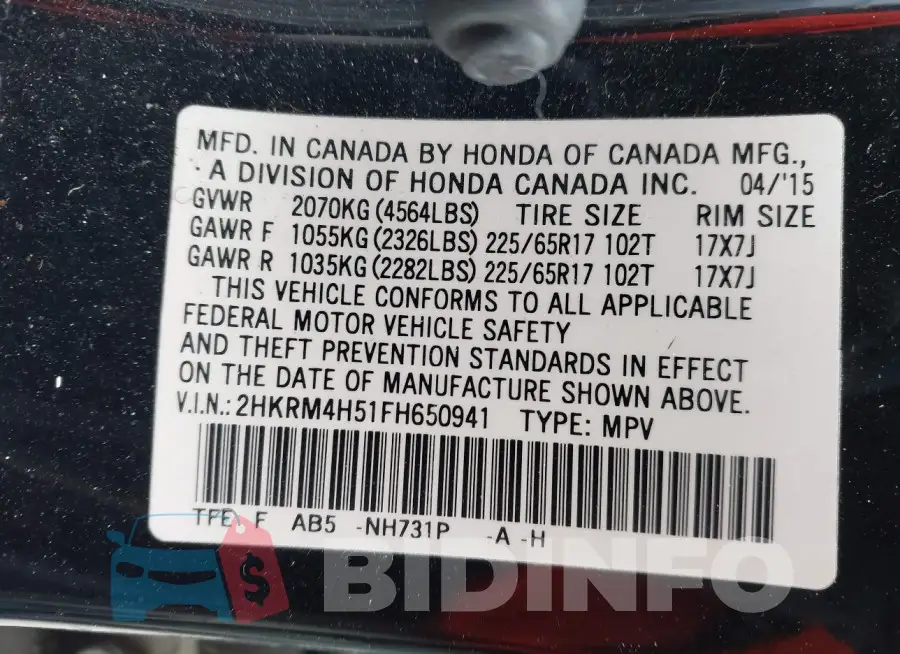 2HKRM4H51FH650941 Photo# 9