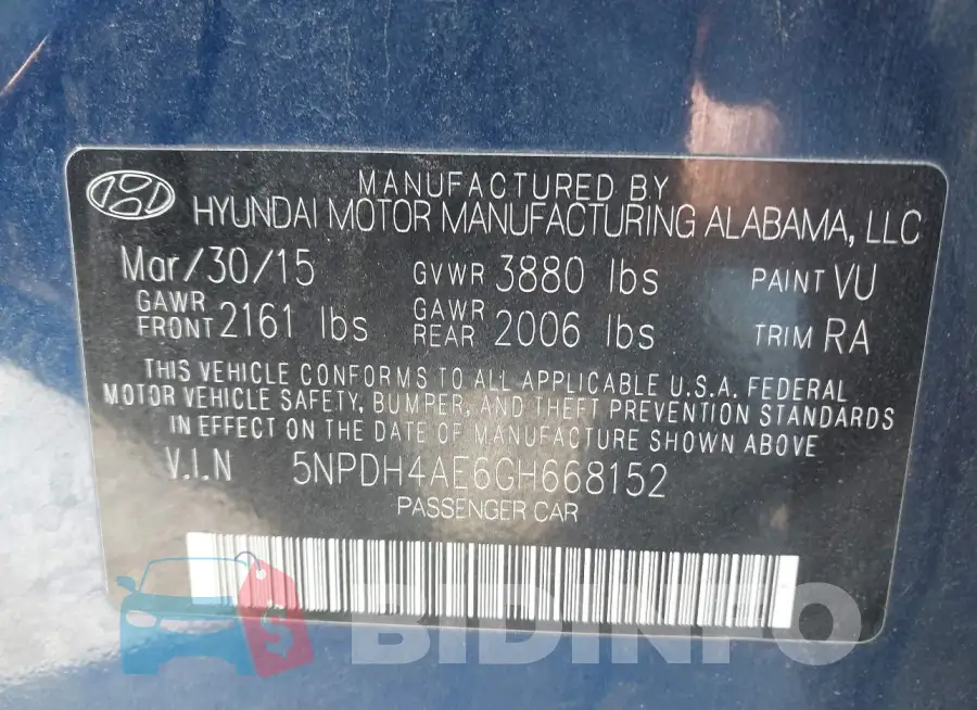 5NPDH4AE6GH668152 Photo# 9