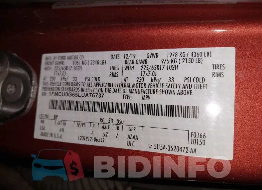 1FMCU0G65LUA76737 Photo# 9