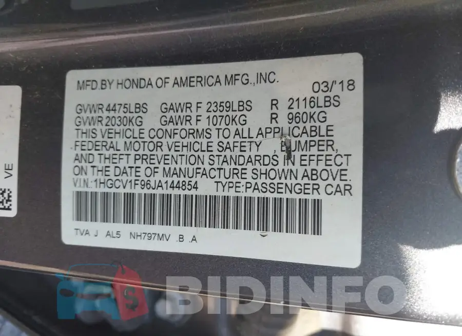 1HGCV1F96JA144854 Photo# 9