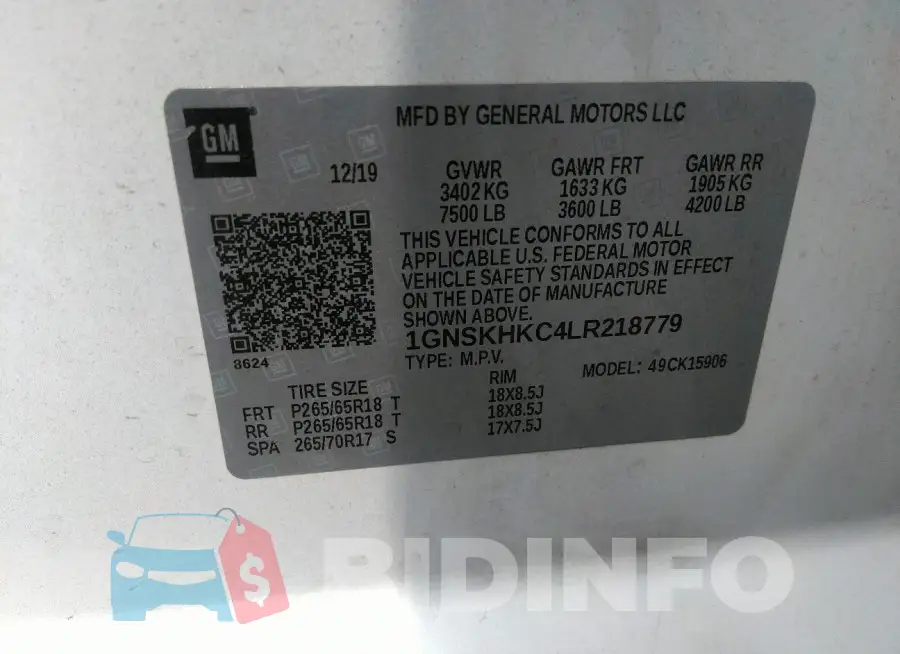 1GNSKHKC4LR218779 Photo# 9