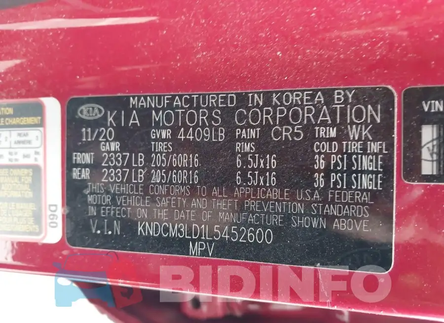 KNDCM3LD1L5452600 Photo# 9
