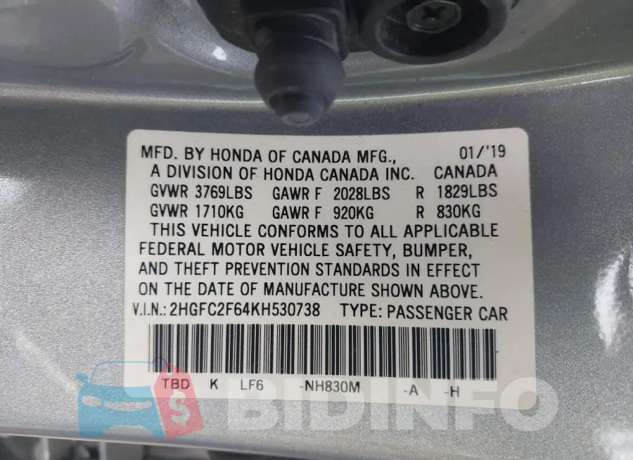2HGFC2F64KH530738 Photo# 9