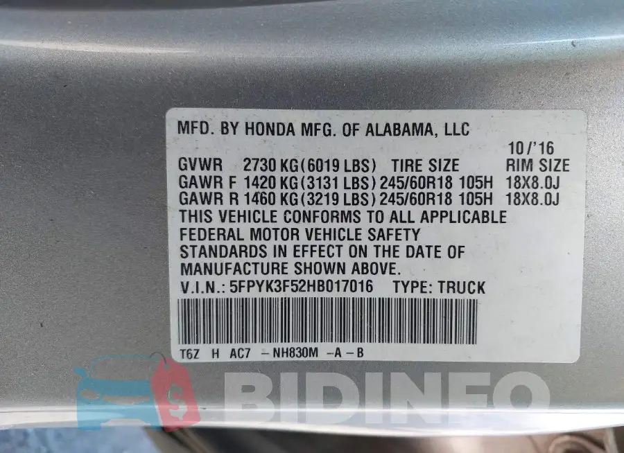 5FPYK3F52HB017016 Photo# 9